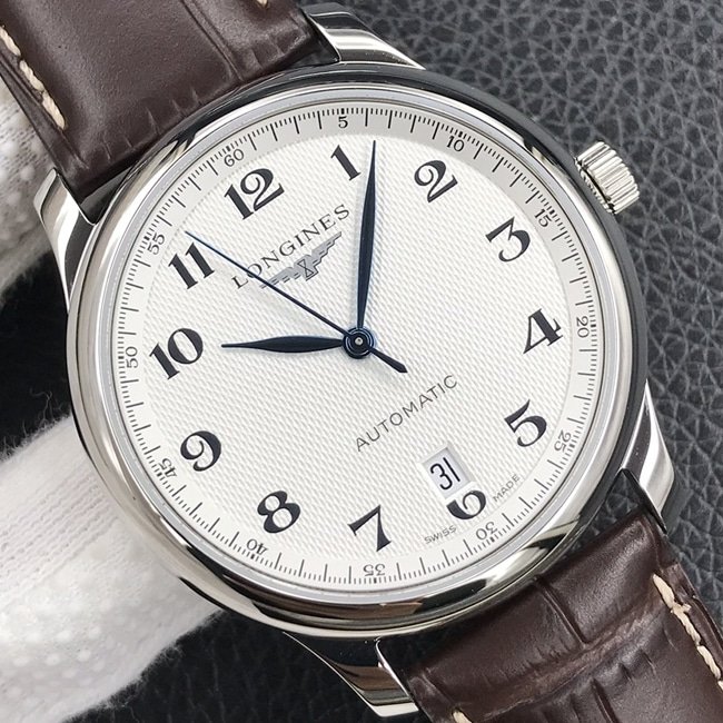KL factory top-tier replica watch Longines automatic movement famous series dial brown belt leather strap watch front view