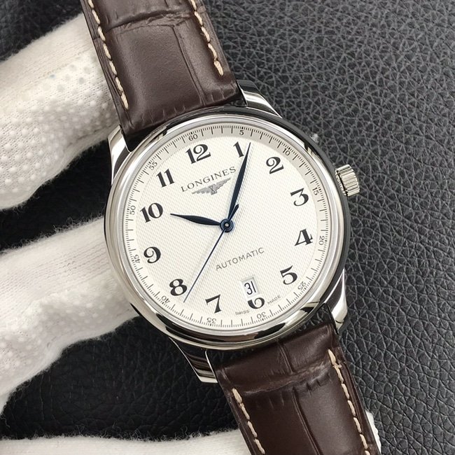 KL factory top-tier replica watch Longines automatic movement famous series dial brown belt leather strap watch front view