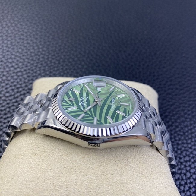 2021 top-tier replica watch Rolex log series 36mm new olive green jungle palm leaf pattern dial watch side view