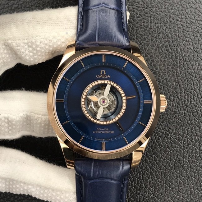 top-tier replicaOmega men's blue dial Cordon Bleu De Ville series automatic movement tourbillon watch front view