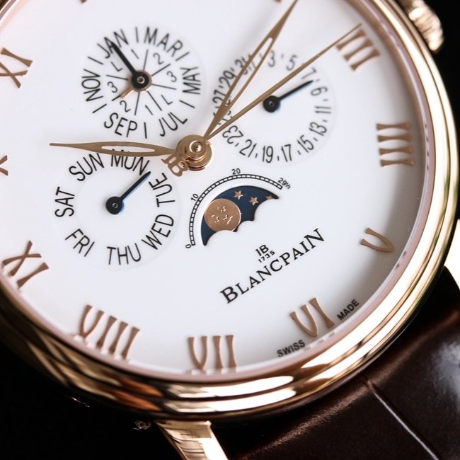 top-tier replica watch Blancpain classic series 6656 men's white dial brown belt automatic movementleather strap watch detail shots