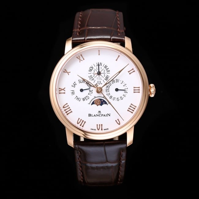 top-tier replica watch Blancpain classic series 6656 men's white dial brown belt automatic movementleather strap watch front view