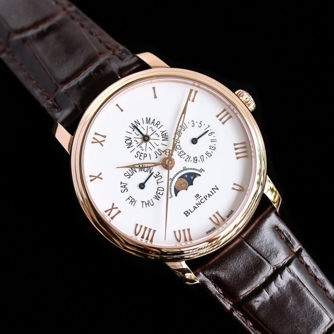 top-tier replica watch Blancpain classic series 6656 men's white dial brown belt automatic movementleather strap watch front view