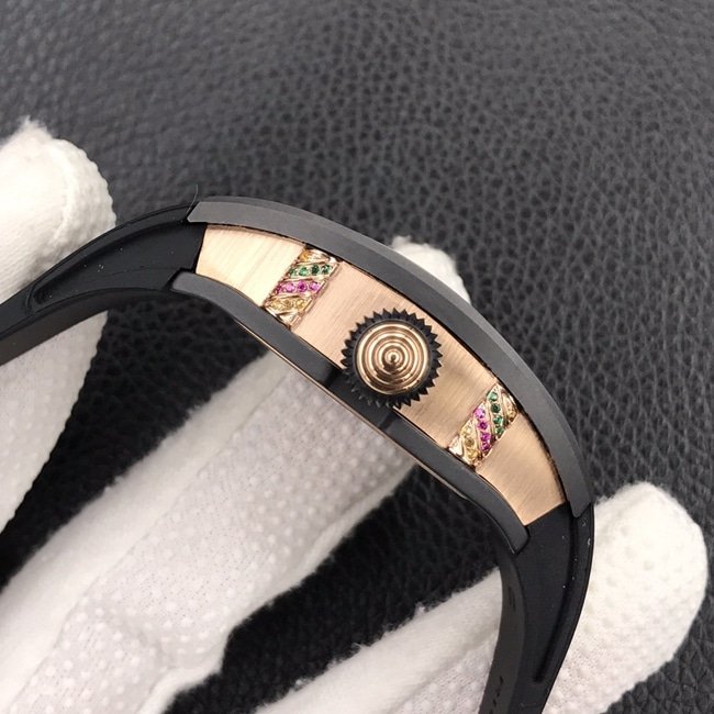 Richard Milletop-tier replica watch ladies black dial black rubber strapbon bon series mechanical watch side view