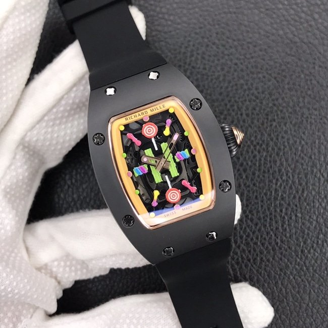 Richard Milletop-tier replica watch ladies black dial black rubber strapbon bon series mechanical watch front view