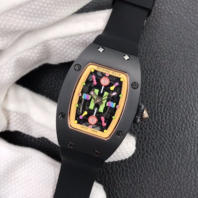 Richard Milletop-tier replica watch ladies black dial black rubber strapbon bon series mechanical watch front view