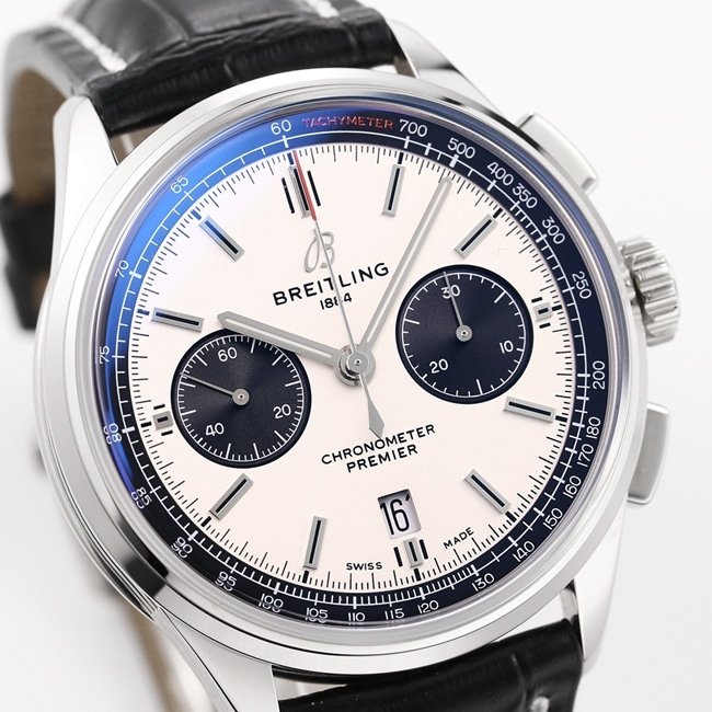 GF Factorytop-tier replica watch Breitling B01chronograph men's white dial black belt v2 upgraded version automatic movementleather strap watch front view