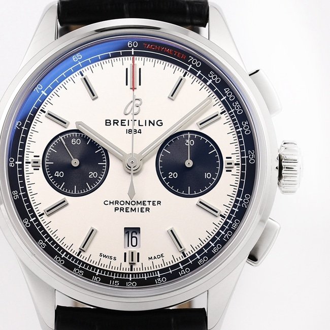 GF Factorytop-tier replica watch Breitling B01chronograph men's white dial black belt v2 upgraded version automatic movementleather strap watch front view