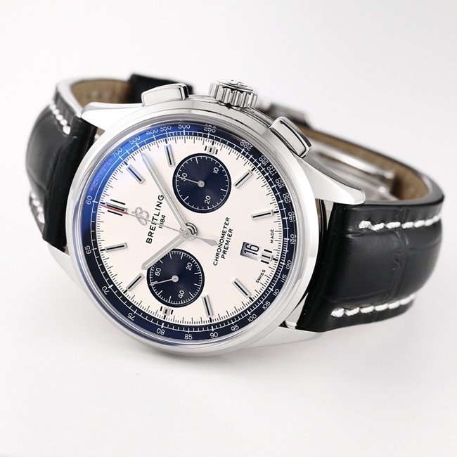 GF Factorytop-tier replica watch Breitling B01chronograph men's white dial black belt v2 upgraded version automatic movementleather strap watch front view