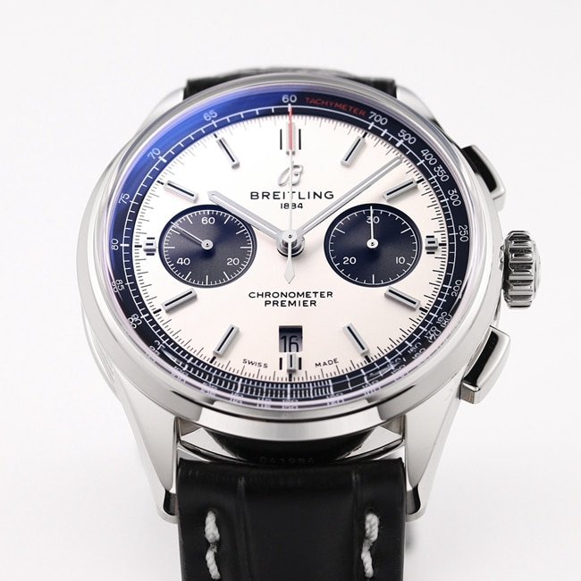 GF Factorytop-tier replica watch Breitling B01chronograph men's white dial black belt v2 upgraded version automatic movementleather strap watch front view