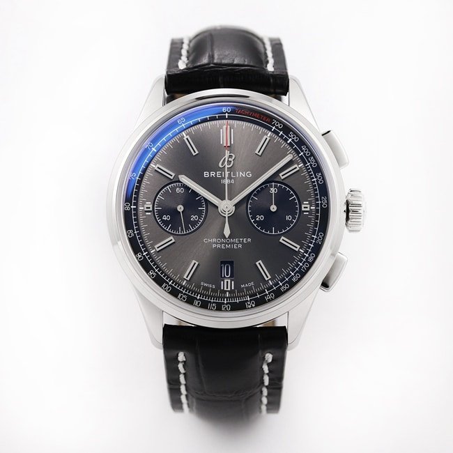 GF FactoryBreitlingtop-tier replica watch v2 upgraded version automatic movement men's black dial black leather strap watch front view