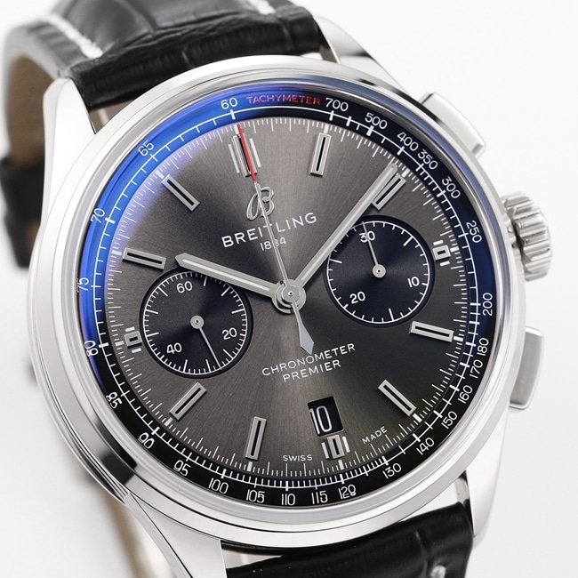GF FactoryBreitlingtop-tier replica watch v2 upgraded version automatic movement men's black dial black leather strap watch front view