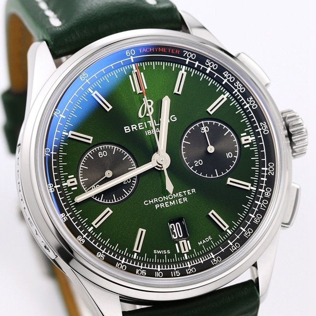 GF Factory new Breitlingtop-tier replica watch men's green dial green strap v2 upgraded version automatic movementleather strap watch front view