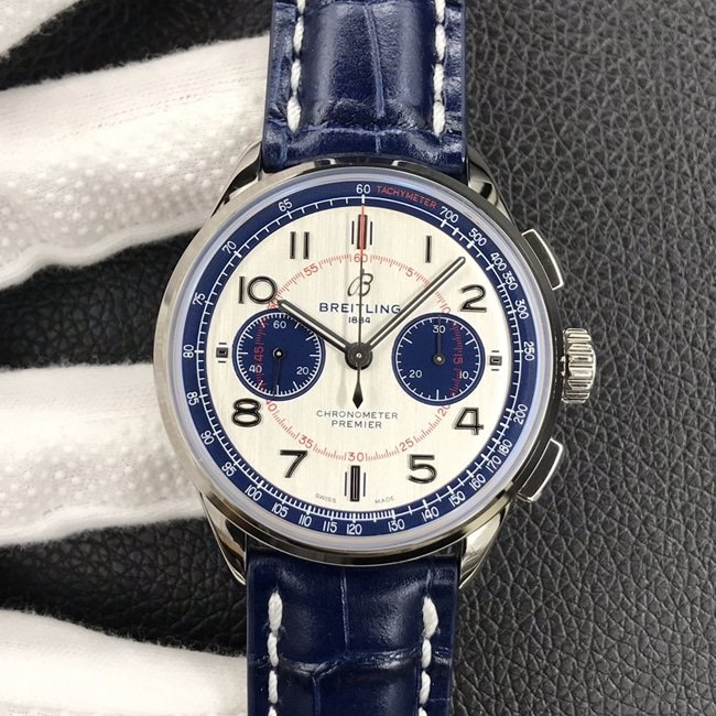 GF Factorytop-tier replica watch new work Bailing Puya B01chronograph watch 42mm men's white dial blue belt mechanical leather strap watch front view