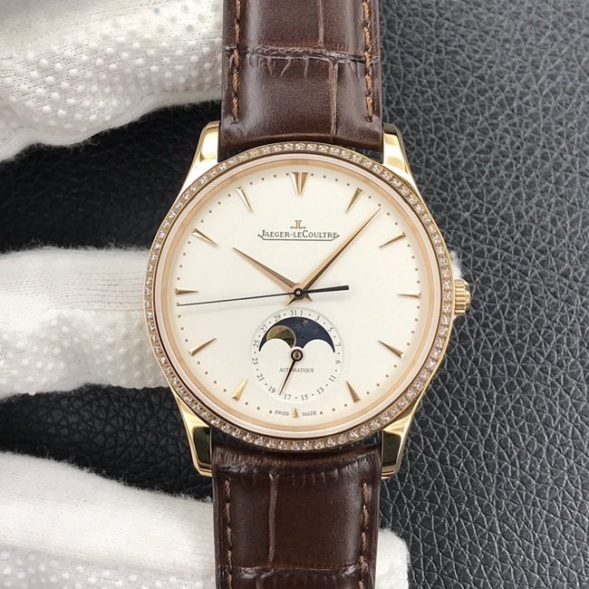 GF Jaeger-LeCoultre Moonphase Master Series masculino placa branca cinto marrom relógio mecânico com moldagem de precisão CNC — luxury replica watch guide | Watch Replica Expert