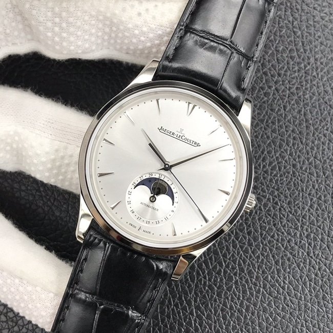GF FactoryJaeger-LeCoultretop-tier replica watch men's white dial black belt formal watch master series mechanical leather strap watch front view