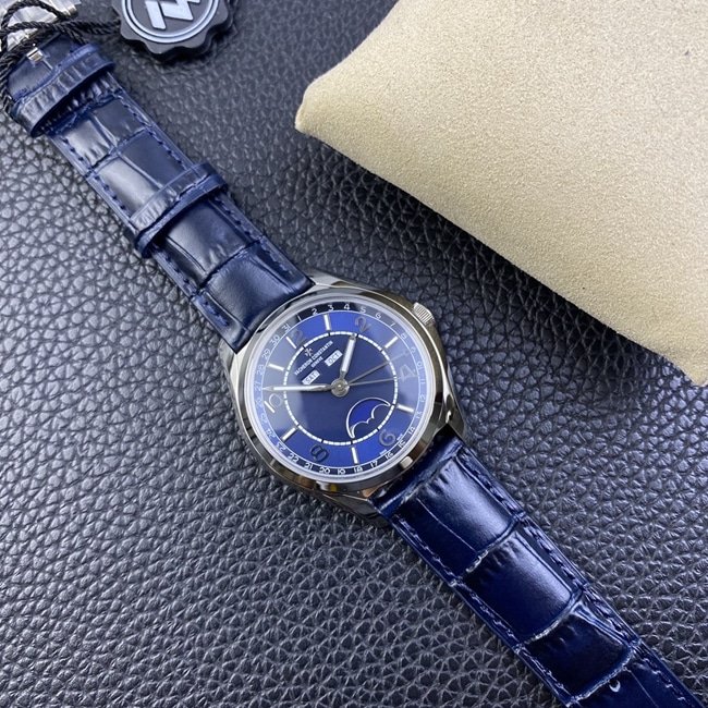 ZF Factory Top Replica Vacheron Constantin Men's Blue Dial Blue Strap Fiftysix Series Complete Calendar Moon Phase Watch Front View