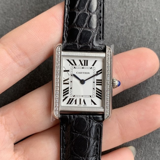 K11 factory top-tier replica watch Cartier women's white dial black belt tank series leather strap watch front view