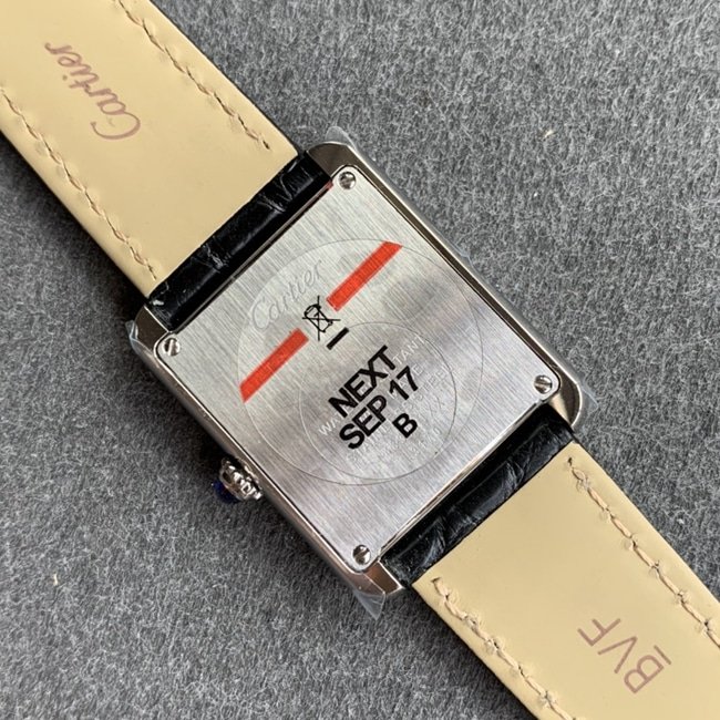 K11 factory top-tier replica watch Cartier women's white dial black belt tank series leather strap watch back cover picture