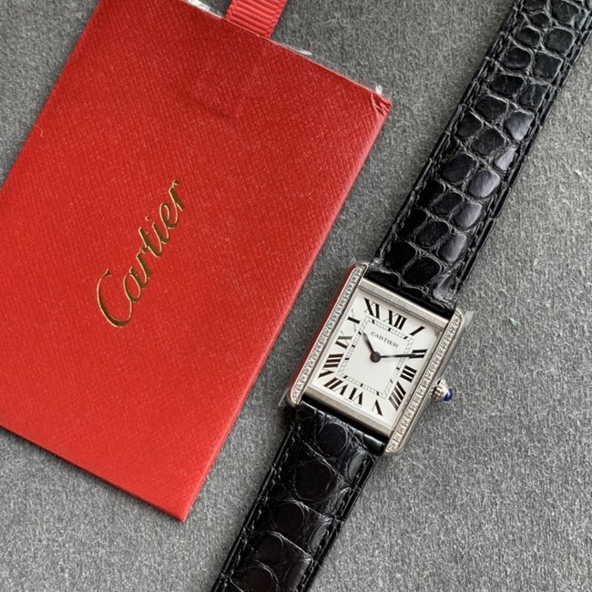 K11 factory top-tier replica watch Cartier women's white dial black belt tank series leather strap watch front view
