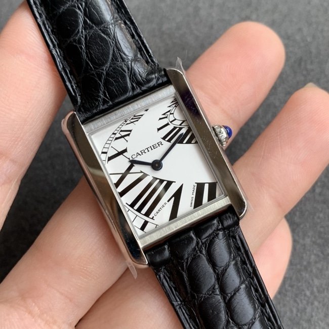 K11 factory top-tier replica watch Cartier women's white dial black belt tank series leather strap watch front view