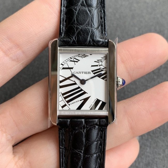 K11 factory top-tier replica watch Cartier women's white dial black belt tank series leather strap watch front view