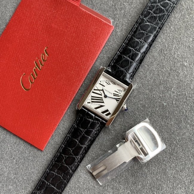 K11 factory top-tier replica watch Cartier women's white dial black belt tank series leather strap watch front view