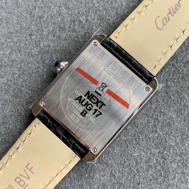 K11 factory top-tier replica watch Cartier women's white dial black belt tank series leather strap watch back cover picture