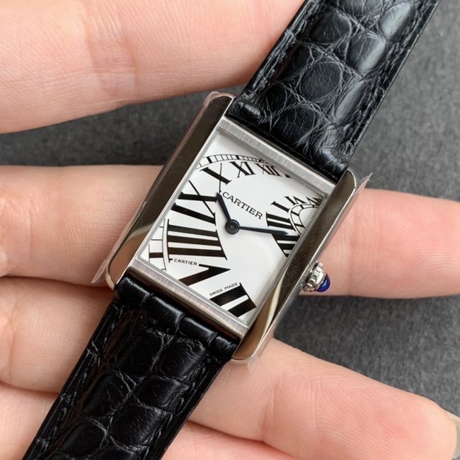 K11 factory top-tier replica watch Cartier women's white dial black belt tank series leather strap watch front view