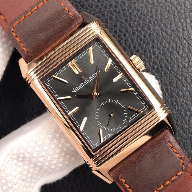 MG factory Jaeger-LeCoultretop-tier replica watch flip series men's black dial brown belt manual mechanical leather strap watch front view