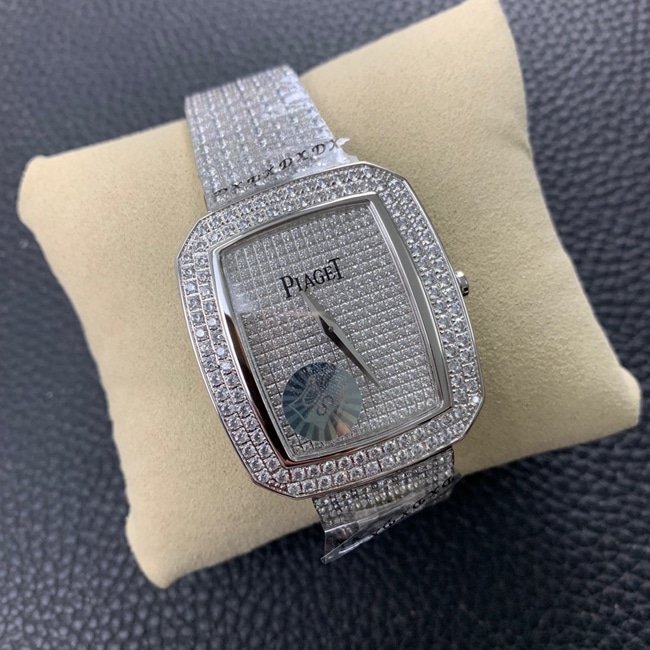 Top replica Piaget women's watch, white dial, steel strap, Extraordinary Treasures collection, full diamond watch, front view.
