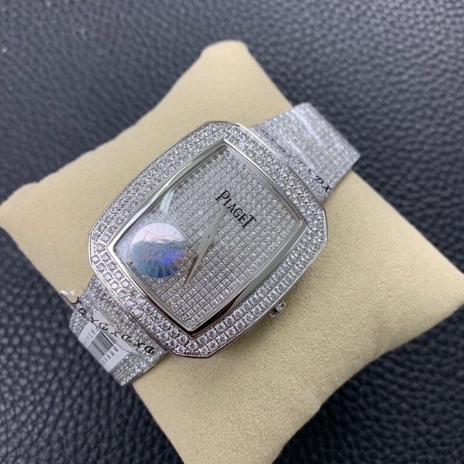 Top replica Piaget women's watch, white dial, steel strap, Extraordinary Treasures collection, full diamond watch, front view.