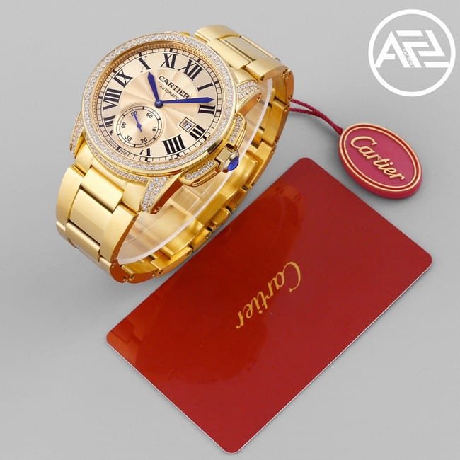 top-tier replica watch Cartier men's gold plate gold steel bracelet automatic movement Kalibo series watch front view