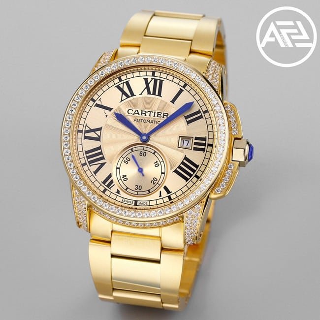top-tier replica watch Cartier men's gold plate gold steel bracelet automatic movement Kalibo series watch front view