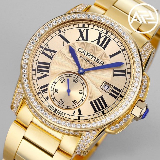 top-tier replica watch Cartier men's gold plate gold steel bracelet automatic movement Kalibo series watch front view