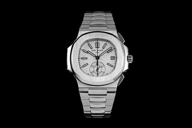 3K Factory Patek Philippe Sporty Elegance 5980/1A-019 Cronógrafo masculino 1:1 Réplica de relógio com mostrador branco prateado e pulseira de aço — luxury replica watch guide | Watch Replica Expert