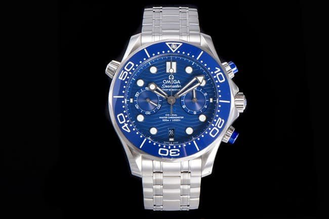 OM Factorytop-tier replica watch Omega men's 44mm Seamaster 300m blue dialsteel braceletchronograph watch front view