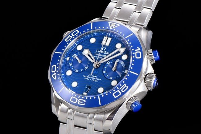 OM Factorytop-tier replica watch Omega men's 44mm Seamaster 300m blue dialsteel braceletchronograph watch front view