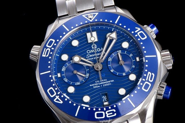 OM Factorytop-tier replica watch Omega men's 44mm Seamaster 300m blue dialsteel braceletchronograph watch front view