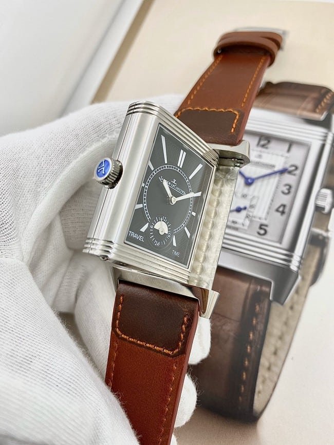 Jaeger-LeCoultretop-tier replica watch flip series manual winding white dial brown belt watch side view