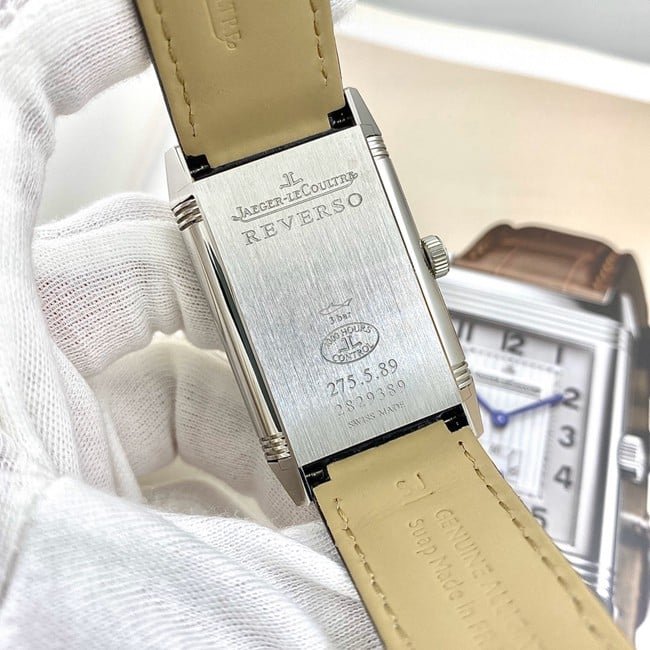 Jaeger-LeCoultretop-tier replica watch flip series manual winding white dial brown belt watch back cover picture