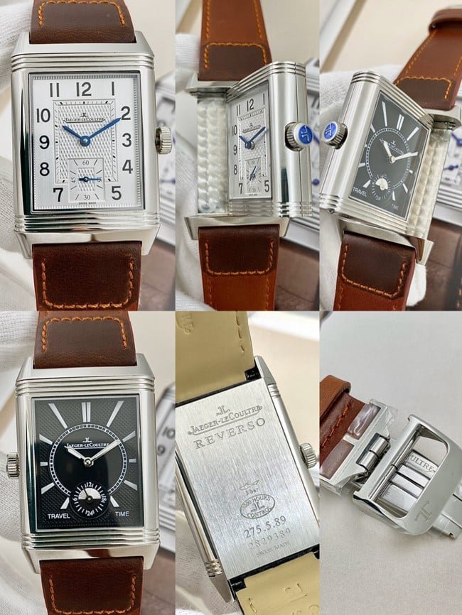Jaeger-LeCoultretop-tier replica watch flip series manual winding white dial brown belt watch detail shots