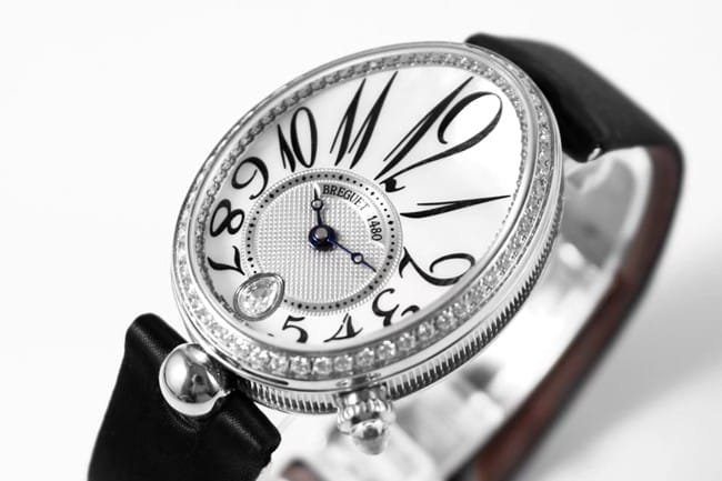 ZF Factory Breguet top-tier replica watch women's white dial black belt Queen of Naples leather strap watch front view