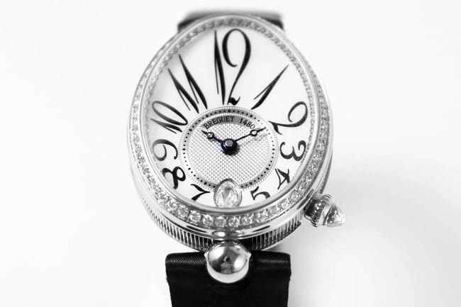 ZF Factory Breguet top-tier replica watch women's white dial black belt Queen of Naples leather strap watch front view