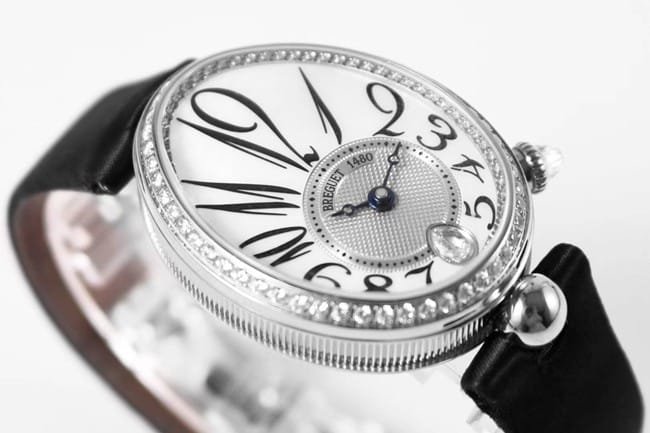 ZF Factory Breguet top-tier replica watch women's white dial black belt Queen of Naples leather strap watch front view