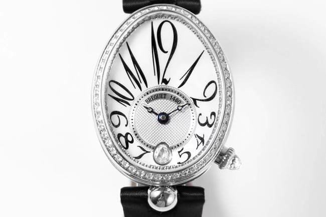 ZF Factory Breguet top-tier replica watch women's white dial black belt Queen of Naples leather strap watch front view