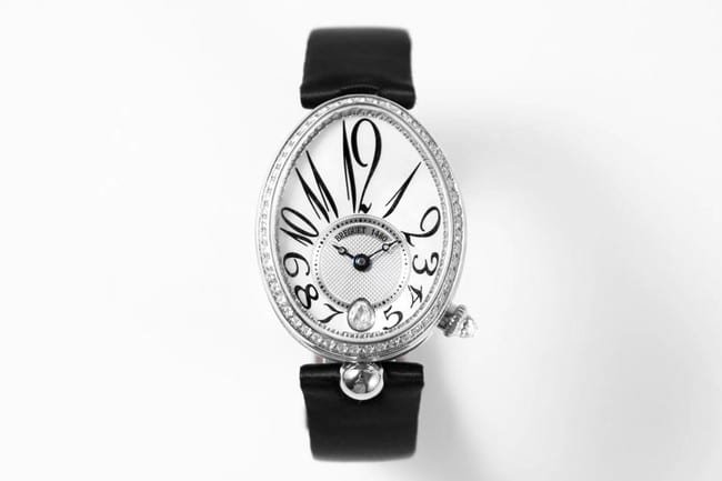 ZF Factory Breguet top-tier replica watch women's white dial black belt Queen of Naples leather strap watch front view