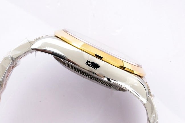 EW Factorytop-tier replicaRolex Explorer 36 series men's black dial gold band automatic movement watch side view