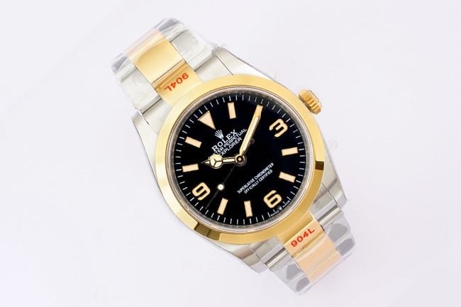 EW Factorytop-tier replicaRolex Explorer 36 series men's black dial gold band automatic movement watch front view