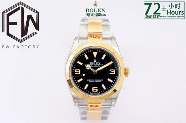EW Factorytop-tier replicaRolex Explorer 36 series men's black dial gold band automatic movement watch front view